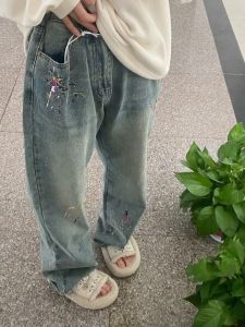 Quần Jeans Denim Ống Rộng Thêu Xanh Cạp Cao Cho Nữ Thu Đông Quần Ống Thẳng Ôm Dáng Quần Jeans Denim Thường Ngày