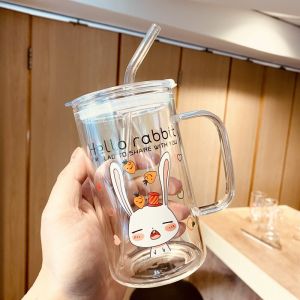 Large Capacity Glass Cup for Women with Lid And Straw Office Water Cup Heat Resistant Tea Cup Cute Girl round Shape Korean Style