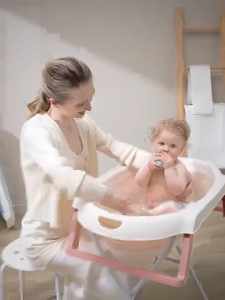 Baby Bath Tub for Newborn Baby Foldable Bathtub Stand with Detachable Wheels Ergonomic Height 2 in 1 Sit Lie Mode Newborn to Toddler Drain Hose Anti Slip