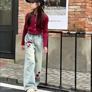 New Girls Pants for Kids 5-17yrs Jeans Maong Straight Leg Pants High Waist Baggy Pants Denim Jeans Fashion Wide Leg Trousers Korean Casual