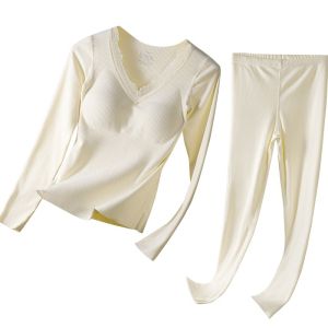 MiiOW | Womens Autumn Thermal Underwear Set Wool Silk Long Sleeve V-Neck Thermal Padded Bralette No-Wire Comfortable Sleepwear