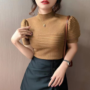 Half High Neck Short Sleeved Knit Top Women Bubble Sleeves Summer Slim Fitting T-shirts
