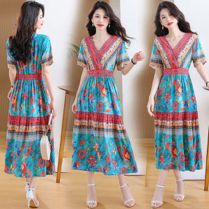 Summer New 2025 Young Style Deep V Large Size Cotton Silk Beach Dress Unique Beautiful Waist Cinched Skirt A-Line Long Dress