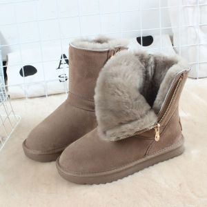 Winter New Side Zipper Snow Boots Womens Cowhide Mid-Calf Wool Integrated Flat Bottom Warm Cotton Shoes Fashion Boots