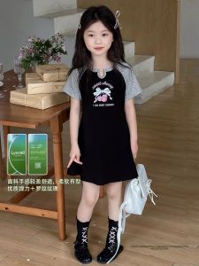 LSSHOW Childrens Clothing Girls Sweet Short-sleeved Dress Summer New Skirt Fashionable Contrasting Color A-line Skirt Princess Dress Fashion