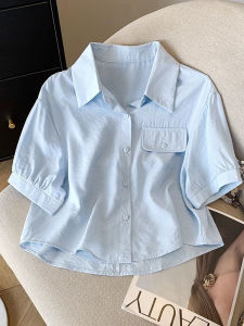 Blue Short Sleeve Womens Casual Shirt Design Sensation Niche Loose Slimming Versatile 2025 New Summer Top Commute Style Pure Color