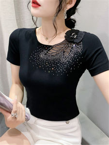 European Station 2024 Summer Pure Cotton T-Shirt Women's New Arrival Silm Tops Fashion Short Sleeve Diamond-Embedded T-shirt Patchwork Western Style