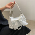 Pearl Bow-Knotted Shoulder Bag for Women Small Casual Baguette Crossbody Satchel with Zipper Closure and Single Root Strap. 