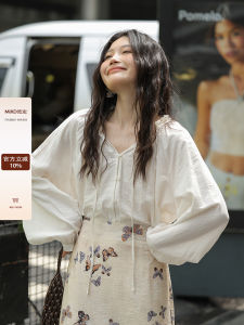 New Chinese Style Womens Shirt Loose Long Sleeve V-Neck Button up Elegant Boring Style Fashionable Korean Version Bubble Sleeve