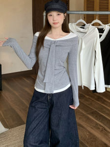 Xuan Ni 2025 Autumn New plus Size Slimming Solid Color Shoulder Baring College Style Long Sleeve T Shirt Women Casual Fit