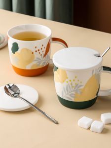 Cốc Cà Phê Bằng Gốm Phong Cách Bắc Âu Có Nắp Và Thìa Cốc Đựng Cà Phê Phẳng Nhỏ Tươi Mới Dùng Trong Gia Đình Cặp Đôi