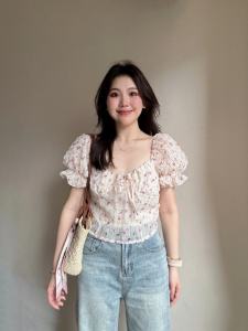 Plus Size Plus Size Ladies French Style Fancy Tops Female Summer New Short Sleeve Square Collar Retro Puff Sleeve Short Floral Shirt