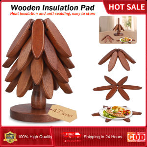 Wooden Trivets for Hot Dishes Tree Shape Trivet SetTrivets for Hot Dishes - 4 Wooden Trivets + 1 Stand stored Like a Christmas Tree (Walnut Wood)