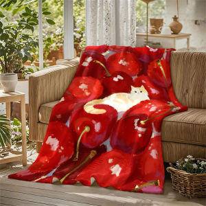 BILIBILI | Cat Cherries Oil Painting Flannel Blanket Perfect for Sofa Office Bed Travel Sleep Read Relax Camping Four Season Use