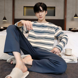 Plandoo Mens Pure Cotton Sleepwear Long Sleeve Oversized Comfortable Home Clothes Two-Piece Set Casual Autumn Winter Pyjamas