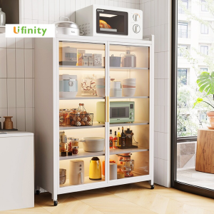 Lifinity🔥🔥【Adjustable Internal Height】Large Kitchen Storage Cabinets Multifunctional lockers Storage Racks Dust-Proof Enclosed Rack with Door & Wheels