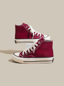 Casual Spring High Top Canvas Shoes Womens Breathable Retro INS Board Shoes Red Wine Color Versatile Student Couple Matching