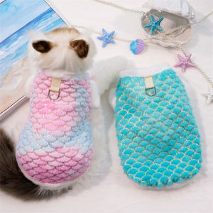 AuntieCindy New Pet Clothes Mermaid Cosplay Gentle Soft Scale Breathable Simon Cat Shirt with Traction Buckle Silken Dog Velvet Clothes