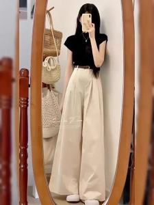 Ge·an·fei | Bộ Hai Mảnh Quần Ống Rộng Cộc Tay Màu Đen Phong Cách Hàn Quốc Cho Nữ Mùa Hè