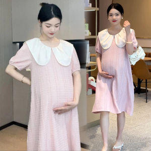 Dopamine Pregnant Womens Texture Short Sleeve Doll Collar Dress Pink Summer Sweet Anti-Aging Small Size Doll Skirt