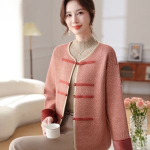 Fashionable Knitted Sweater Set Chinese Style Coat for Middle-Aged And Elderly Women Spring Autumn Wear Casual Long Pants
