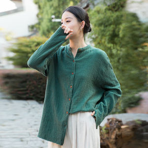 เสื้อเชิ้ตคอตั้งแขนยาวผ้าลินินผสมผ้าฝ้ายสไตล์จีนสำหรับผู้หญิง ทรงหลวม สวมใส่สบาย ฤดูใบไม้ผลิ 2025 ฤดูร้อน