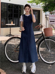 Retro Waist-Cinching Denim Dress Womens Backless Long Skirt T-Shirt Top Set Summer Small Audience Belted Sleeveless Two-Piece Set