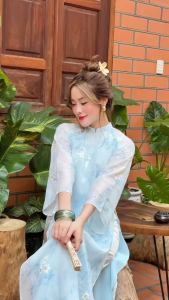 Áo Dài Cách Tân Vân Hoa 4 Tà Tơ Loang Thêu Hoa Dáng Suông Cổ Truyền Thống 2.5cm Áo Dài Nữ Xanh Hồng