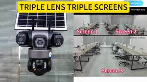 Three Lens Solar CCTV V380 PRO 4G SIM 15MP Outdoor Waterproof 10X Zoom Wireless IP Camera No WIFI Needed Built-in Battery Infrared Night Vision Two-Way Audio Remote Monitoring Camera Free SIM Card