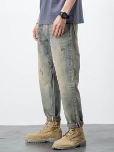 American Retro Denim Mens Trendy Yellow Mud Dyed Washed Distressed Loose Straight-leg Amekaji Spring and Autumn Pants