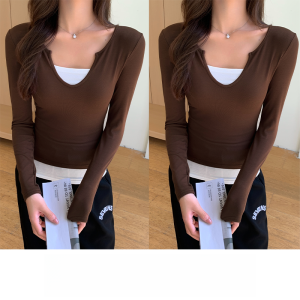Miiow | Cat Lady Fake Two-Piece T-Shirt Womens Outerwear Autumn New Slim Fit Shoulder Color Block Base Shirt Top Soft Comfortable Breathable