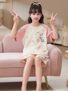MiiOW | Princess Style Pure Cotton Lightweight Short Sleeve Childrens Sleepwear Set For Girls Home Clothes Air Conditioning Suit