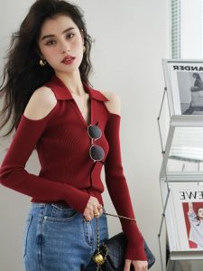 HUOLISI | Retro Red Polo Neck Knit Cardigan