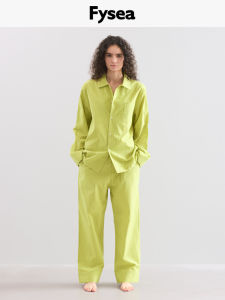 ชุดนอนผ้าฝ้ายลายทางเขียว Fysea แขนยาว กางเกงขายาว ชุดนอนฤดูใบไม้ร่วง สำหรับผู้ชายและผู้หญิง ชุดนอนสำหรับใส่ไปข้างนอกบ้าน