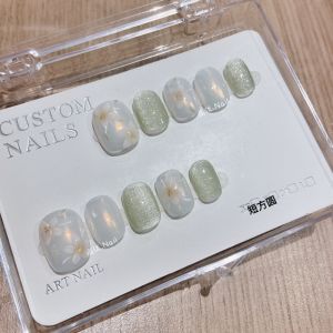 Handmade Aurora Floral Nail Art Wearable False Nails White Enhancing Ice Green Customizable Short Nail Stickers Beauty Tools