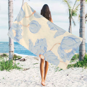 beige blue poppy sketch Quick Drying Microfiber Beach Towel Lightweight for Swimming Camping Yoga - Bath Towel