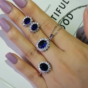 3 Bộ Trang Sức Hoa Hướng Dương Màu Xanh Sang Trọng Dành Cho Nữ Bạc Cô Dâu Dubai Quà Kỷ Niệm Đồng Cổ Điển Đính Đá Cubic Zirconia Bông Tai Vòng Cổ Nhẫn