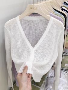 Ice Silk Knitted Short Open Cardigan Long Sleeve Womens Top Summer Spring Air Conditioning Sun Protection Small Shawl