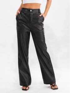 Solid Color Faux Leather Multi Pocket Pants Street Style High Waist Straight Leg Casual Trousers for Women