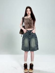 QIAOMIDUO | Rivets Denim Shorts High Waist Vintage Style