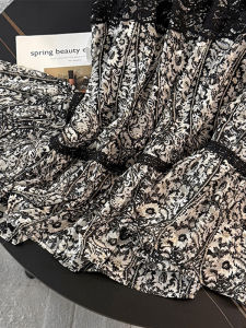 BINKAFENNY | French Floral Pleated Black Lace Splicing A-Line Midi Skirt Women Summer Fashion Unique Beautiful Long Skirt High Waist Korean Style