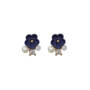 Yovela Anting Rhinestone Blue Flower Gold Stud Earring