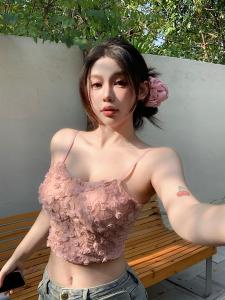 Lace Crop Top Women Summer Outerwear Sweet Stylish with Chest Pad Beautiful Back Bra Integrated Short inside Shirt