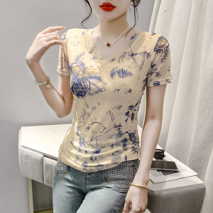 Rehin Áo thun ngắn tay in họa tiết lưới thời trang mùa hè Áo nữ thanh lịch thanh lịch dáng ôm cổ chữ V