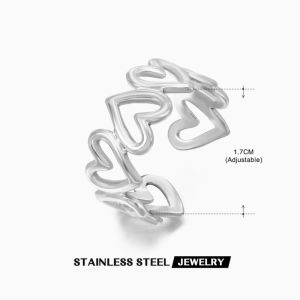 ANENJERY 316L Stainless Steel Hollow Heart Ring for Women Open Adjustable Ring Party Jewelry Festival Gift