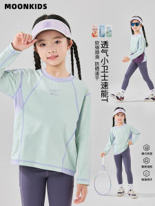 Moonkids Girls Sporty Long Sleeve T-Shirt Quick Dry Training Base Layer Shirt for Children Autumn Winter Badminton Uniform