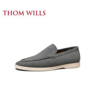 รองเท้าลำลองผู้ชาย ThomWills ฤดูร้อน รองเท้าหนังสวมใส่สบาย รองเท้าแบบสวม ทรงหัวมน ส้นแบน พื้นยาง สีพื้น
