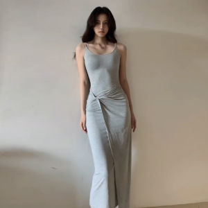 WNVSI | ชุดเดรสยาวผูกโบว์สไตล์ฝรั่งเศส ชุดเดรสเกาะอกฤดูร้อน เอวสูง ทรงเข้ารูป กระโปรงทรงเอ แขนกุด คอตondo สำหรับผู้หญิง