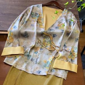 New Chinese Style Short Outerwear Womens Thin Long Sleeve Casual V-neck Coat Autumn New Arrival Versatile Thin Material