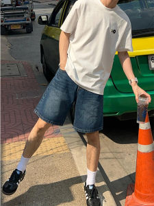 Quần Short Denim Xanh Đậm Cho Nam Mùa Hè Phong Cách Đường Phố Mỹ Quần Dài Năm Inch Khóa Kéo Thiết Kế Quần Áo Công Sở